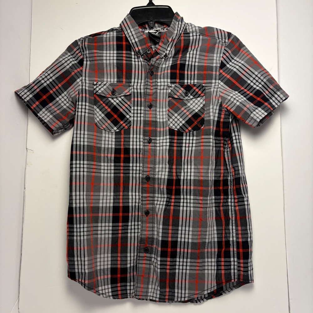 Shaun White Boys Plaid Button Down Shirt Red Black Grey Short Sleeve Size L